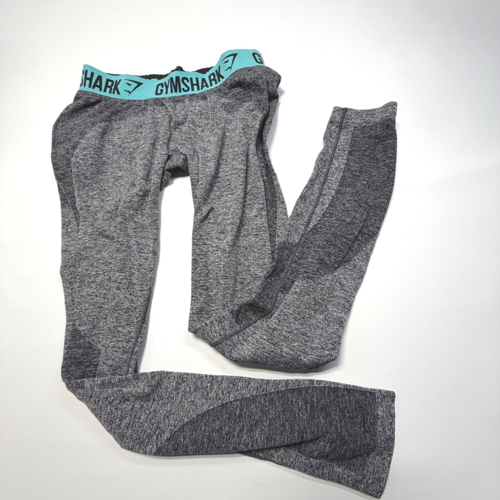 Gymshark Gray Seamless Leggings Teal Logo Waistband High‎ Rise Medium